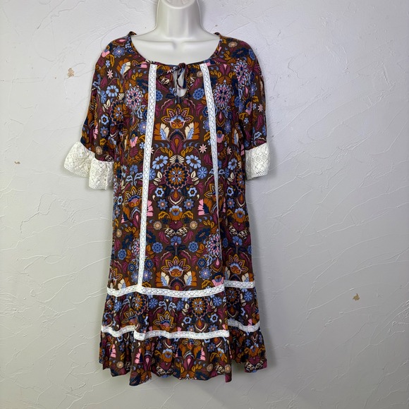 Matilda Jane Dresses & Skirts - NEW Matilda Jane Dress Womens XS Brown Floral Lace Trim Boho Peasant Cottagecore